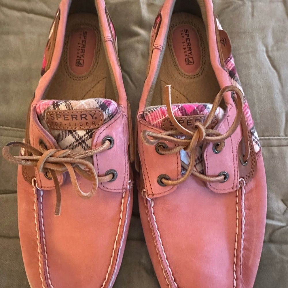 Sperry Coral Boat Shoes with Plaid Accents